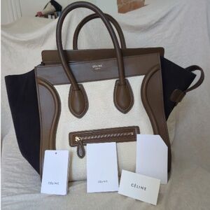 Celine mini luggage tote purse bag authentic brown, white black tags excellent
